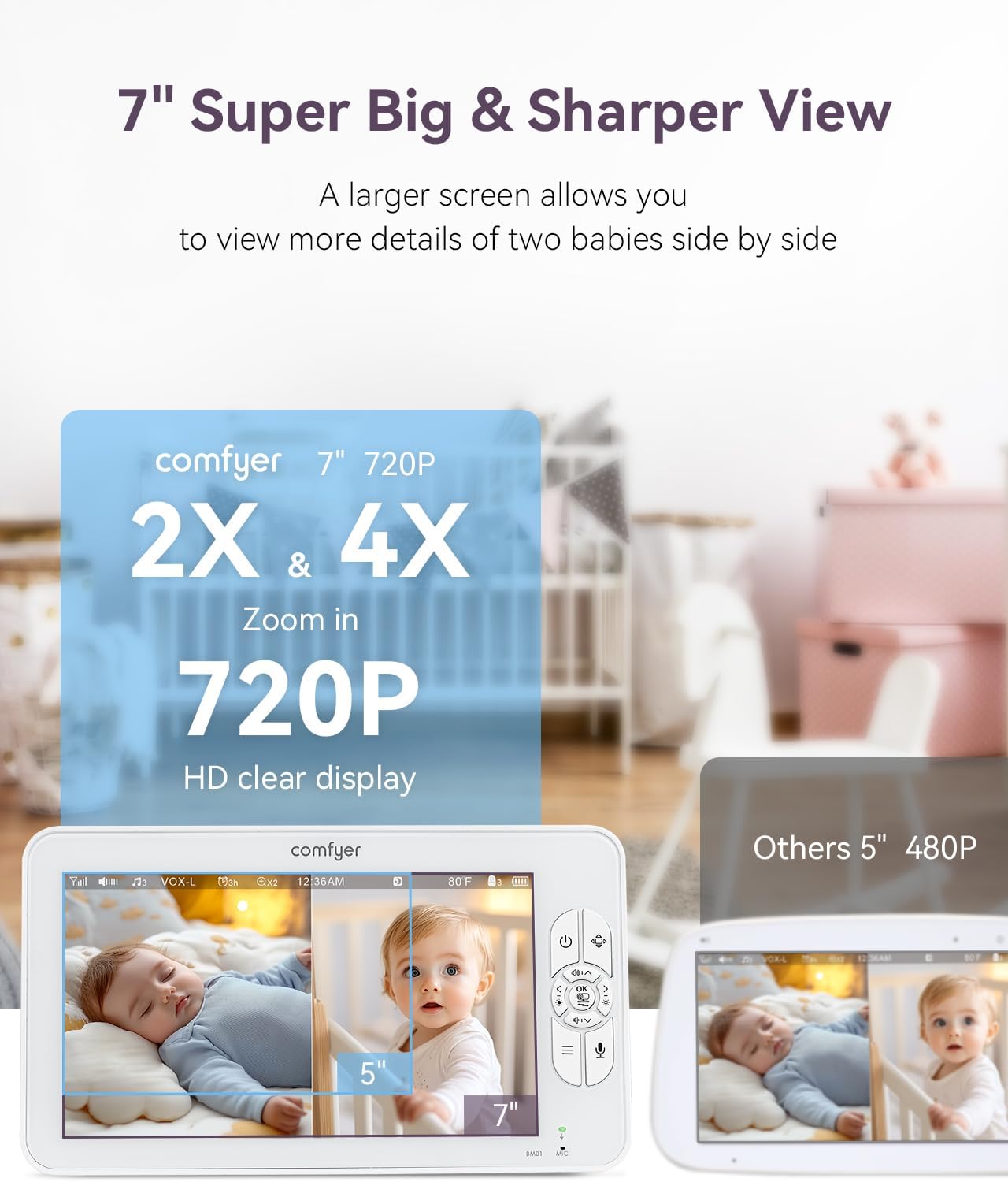 Comfyer BM01 7" HD Split-Screen Baby Monitor with 2 1080P Cameras, 48 Hrs 6000mAh Battery Runs 2 Days in VOX Mode, No WiFi Monitor with a Flexible Bracket, 2 Way Audio, Remote PTZ, Auto Night Vision