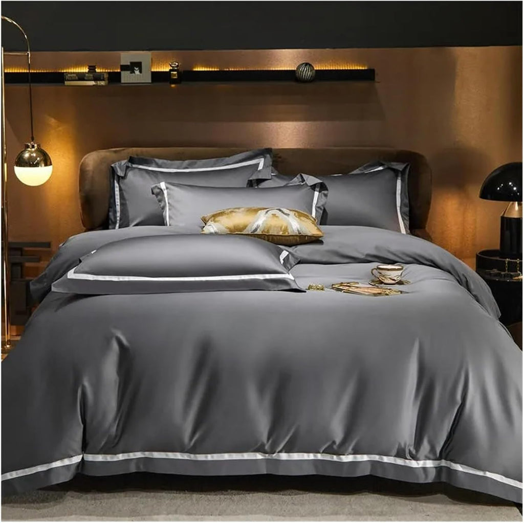 Gray Smooth Soft Rich Color 1000TC Long Staple Cotton Simple Chic Wide Edge 4Pcs Bedding Set Duvet Cover Bed Sheet Pillowcases,Bedding