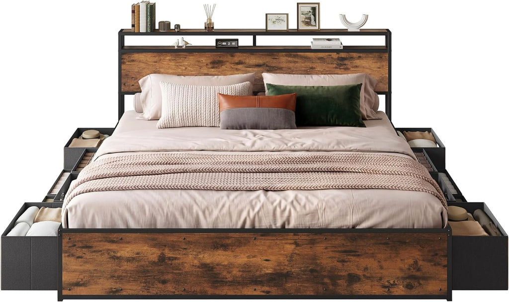 LIKIMIO King Bed Frame with 12 Fabric Storage Drawers, Industrial Platform Bed Frame with Headboard, No Box Spring Needed, Sturdy Metal Slat Support, Rustic Brown, Noise-Free, Easy Assembly
