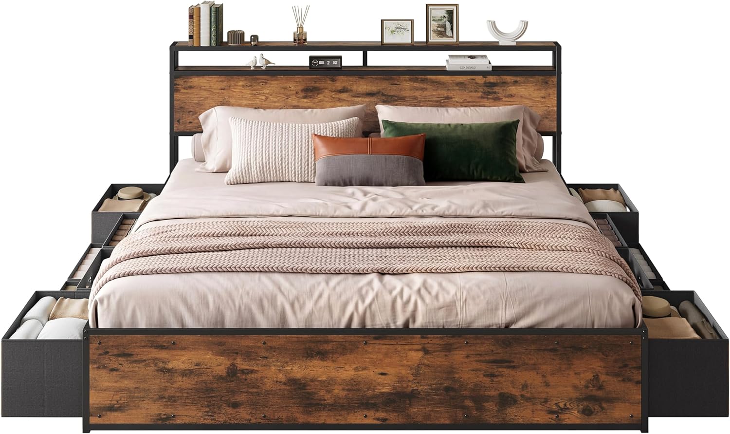 LIKIMIO King Bed Frame with 12 Fabric Storage Drawers, Industrial Platform Bed Frame with Headboard, No Box Spring Needed, Sturdy Metal Slat Support, Rustic Brown, Noise-Free, Easy Assembly