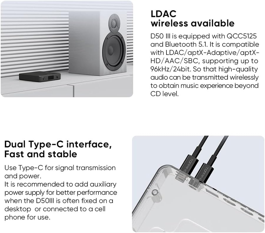 TOPPING D50 III 2*ES9039Q2M DAC, USB/BT5.1/Optical/Coaxial to RCA/TRS Audio DAC, Type-C Bluetooth 5.1 SPDIF Input Digital-Analog Converter, Hi-Res Audio DAC, Home Audio DAC with 12V Trigger (Silver)
