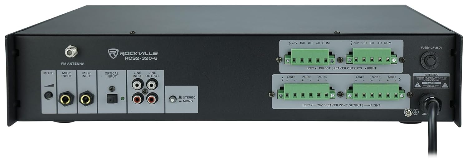 Rockville RCS2-320-6 320W 6-Zone Stereo/Mono Commercial 70V Amplifier, Bluetooth, USB/SD, Optical Input, Perfect for Restaurants, Schools, Offices, and Multi-Room Audio