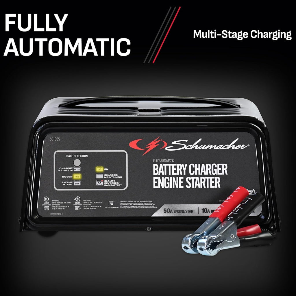 Schumacher Electric 6A Car Battery Charger and 50A Engine Starter, 3-in-1 Solution, Maintainer, 10A Boost, for 12V Power Sport, Automotive, and Marine Batteries, SC1305