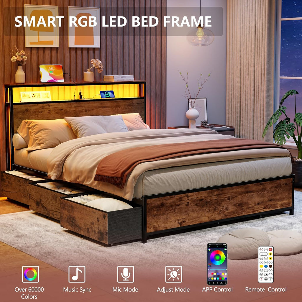 Forestell Queen Bed Frame with Headboard & 6 Drawers, Metal Platform Bed Frame Queen Size with Charging Station,LED Lights,2 Tier Shelf Storage Bedframe-No Box Spring Needed,Noise Free,Rustic Brown