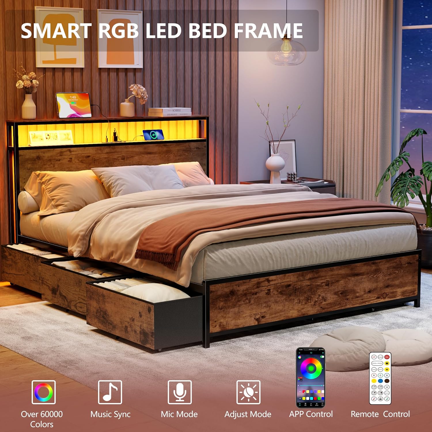 Forestell Queen Bed Frame with Headboard & 6 Drawers, Metal Platform Bed Frame Queen Size with Charging Station,LED Lights,2 Tier Shelf Storage Bedframe-No Box Spring Needed,Noise Free,Rustic Brown