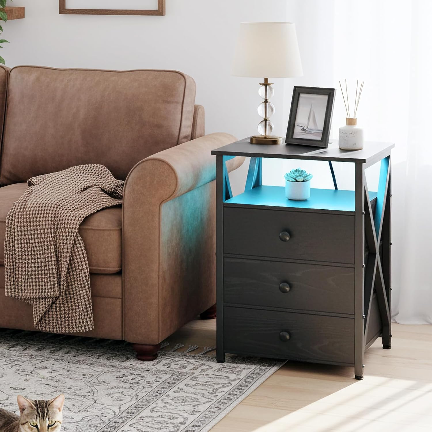 AMHANCIBLE Night Stand Set 2, LED Nightstand with Charging Station, End Side Tables with USB Port & Outlet, Bedside Table with Fabric Drawers for Bedroom, Black, HET053LBK