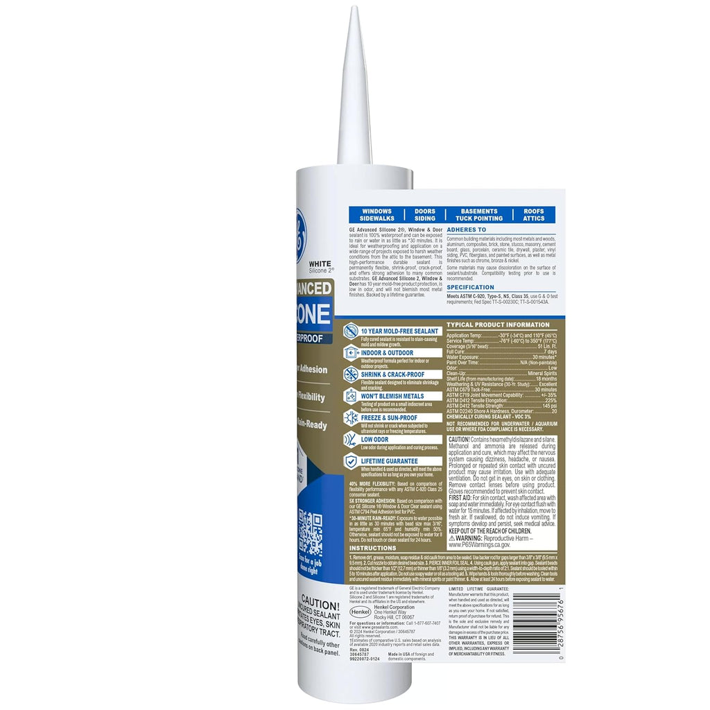 GE Advanced Silicone Caulk for Window & Door, White, 10 fl oz Cartridge, 12 Pack - 100% Waterproof Silicone Sealant, 5X Stronger Adhesion, Shrink & Crack Resistant