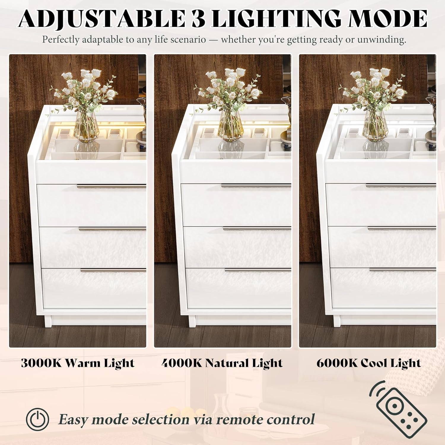 AMERLIFE 4 Piece Bedroom Furniture Set, 2 Nightstands with Charging Station, 8 Drawer Dresser with LED Light & 5 Drawer Chest, Modern High Gloss UV Finish, Bedroom Storage Organizer, White