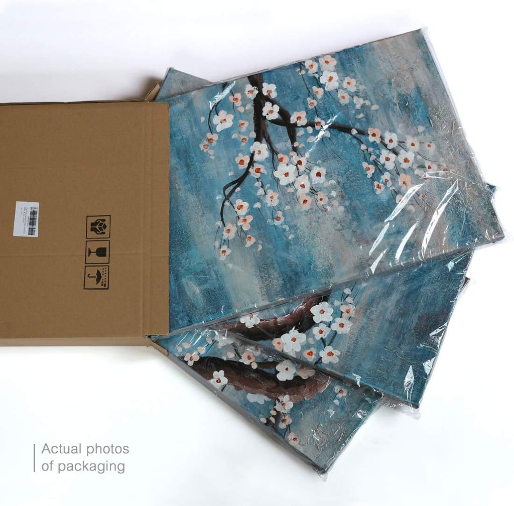 amatop Extra Large Wall Art for Living Room 100% Hand-Painted Framed Decorative Plum Floral Oil Painting Set Decorative Modern Blue Tree Artwork Ready to Hang