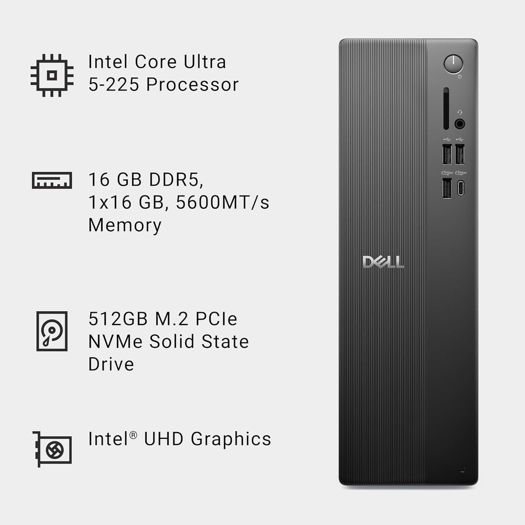Dell Slim Desktop ECS1250 - Intel Core Ultra 5-225 Processor, UHD Graphics, 16GB Memory, 512GB M.2 SSD, 3.0 SD Card Reader, Wired Keyboard and Mouse, Windows 11 Home, Onsite+Migrate Service
