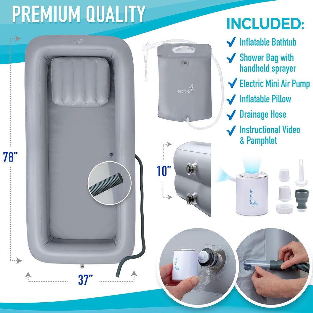 Circa Air Portable Bath Tubs Adults - Inflatable Bathtub with Bedside Shower Bag & Electric Pump, Full Body Washing in Bed, Bed Bath Supplies, Portable Shower Bed, Blow Up Tub, Hair Shampoo Basin