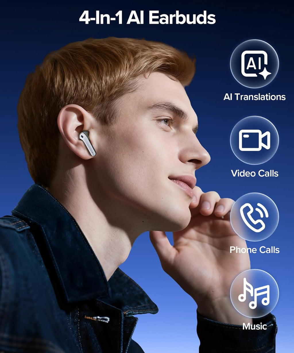 AI Translation Earbuds Real Time 164 Languages Translator Ear Buds Audifonos Traductores Inglés Español 70H Playtime Wireless Earphones AI Bluetooth Headphones for Travel Meeting Learning Black