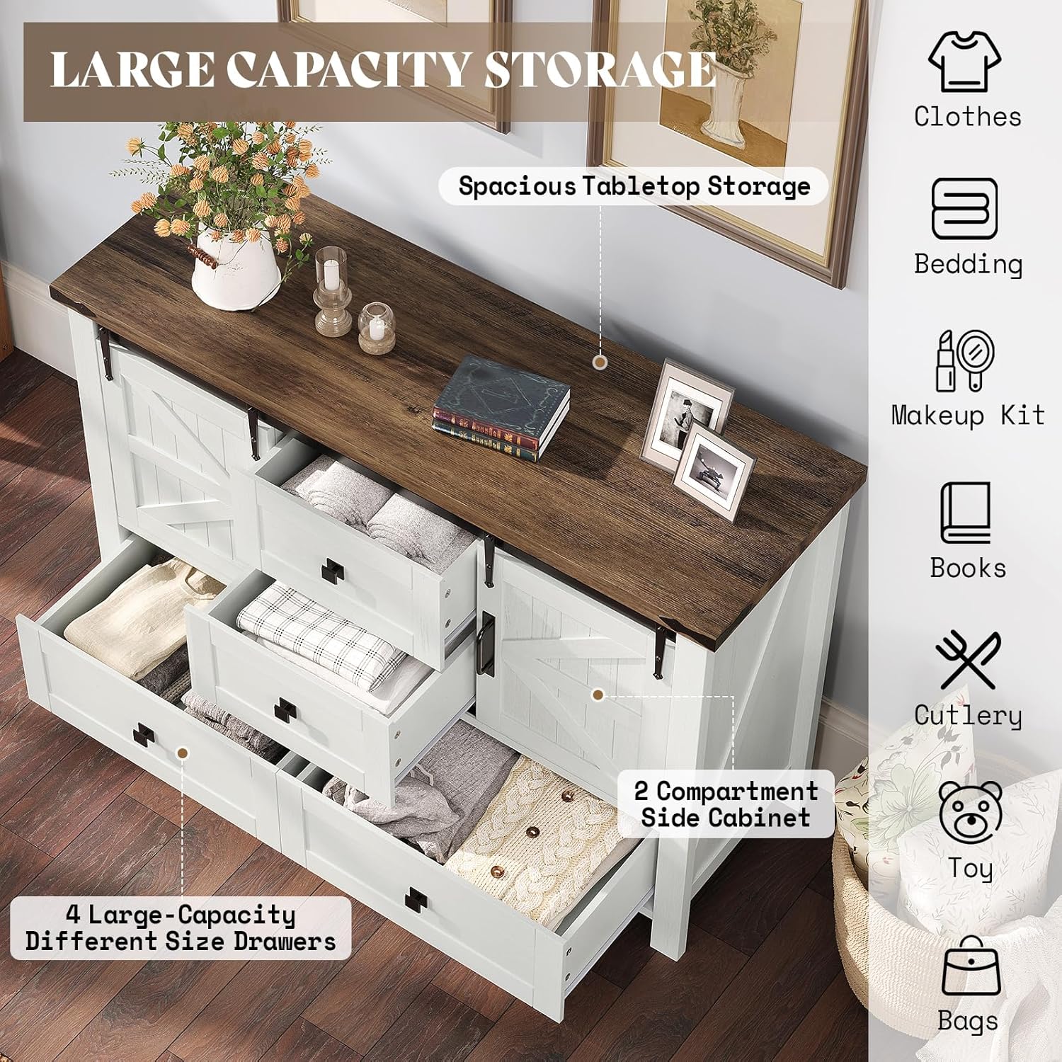 AMERLIFE 5-Piece Farmhouse Bedroom Furniture Set, Dresser & Nightstand Set of 2 with Storage Cabinet & Sideboard, Sliding Barn Door Wood Bedroom Set for Bedroom/Living Room, Distressed White