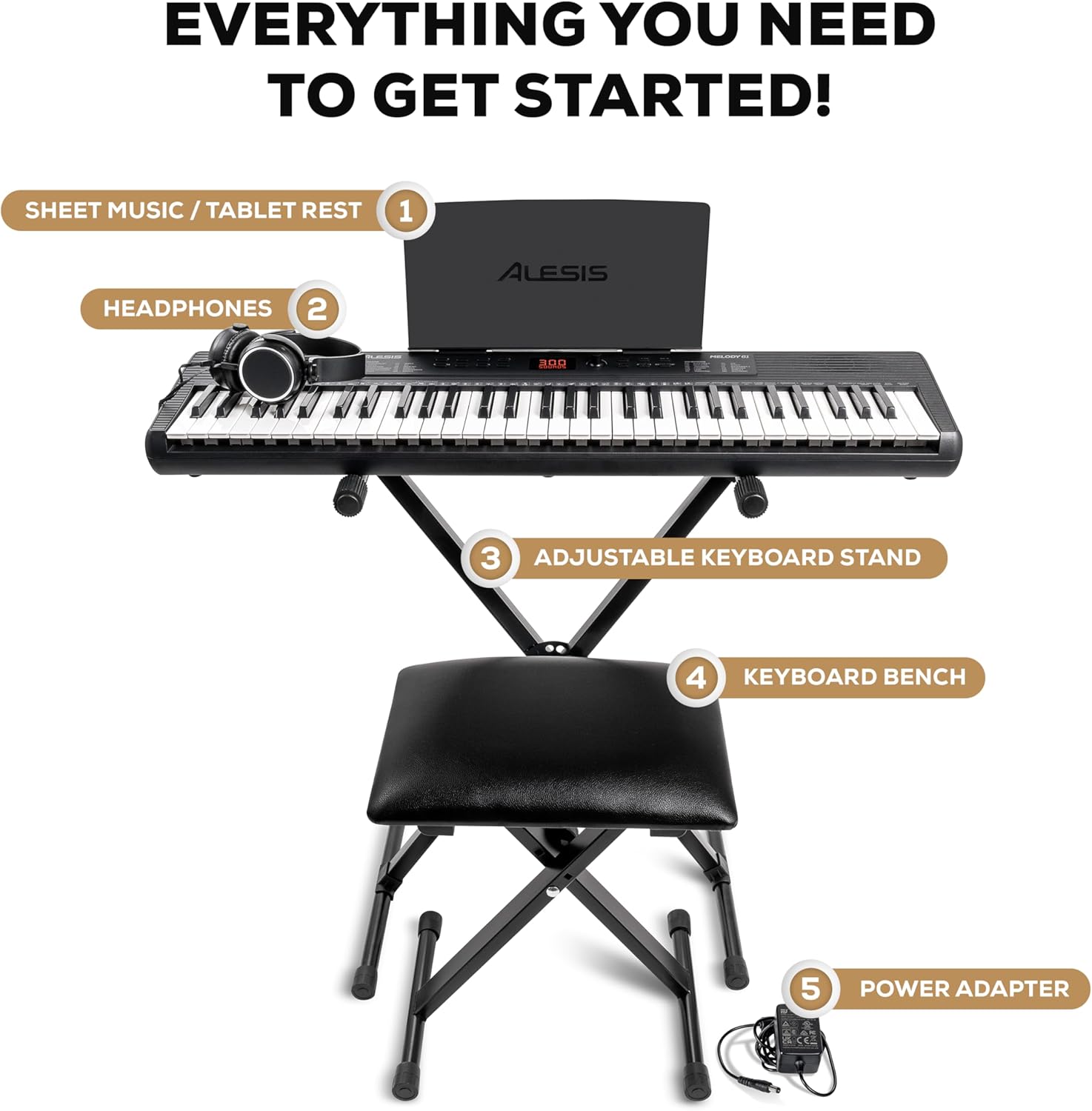 Alesis Melody 61 MK4 Keyboard Piano for Beginners with 61 Keys, Speakers, Stand, Bench, Headphones, Tablet/Sheet Music Stand, 300 Sounds and Music Lessons