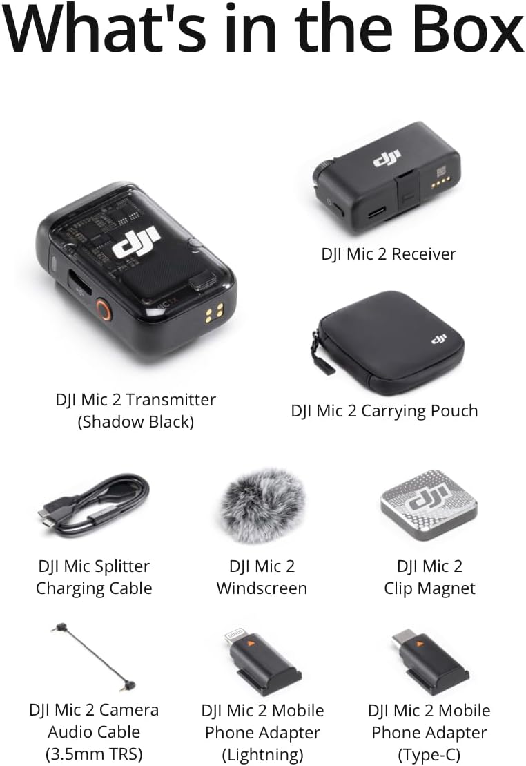 DJI Mic 2 (1 TX + 1 RX), Wireless Microphone with Intelligent Noise Cancelling, 32-bit Float Internal Recording, Optimized Sound, 250m (820 ft.) Range, Microphone for iPhone, Android, Camera, Vlogs