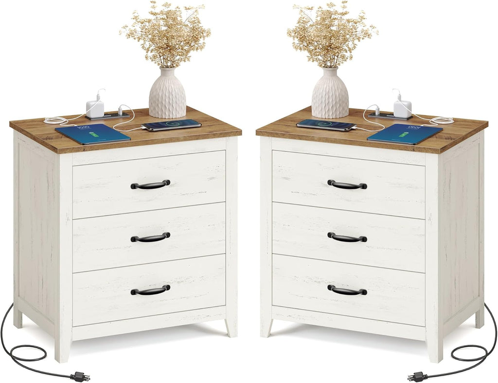 VASAGLE LIRY Collection - Farmhouse Nightstand with Charging Station, Set of 2, Bedside Tables, Side End Tables with 3 Drawers, for Bedroom, Rustic White and Honey Brown ULET979W01