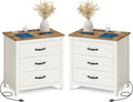 VASAGLE LIRY Collection - Farmhouse Nightstand with Charging Station, Set of 2, Bedside Tables, Side End Tables with 3 Drawers, for Bedroom, Rustic White and Honey Brown ULET979W01
