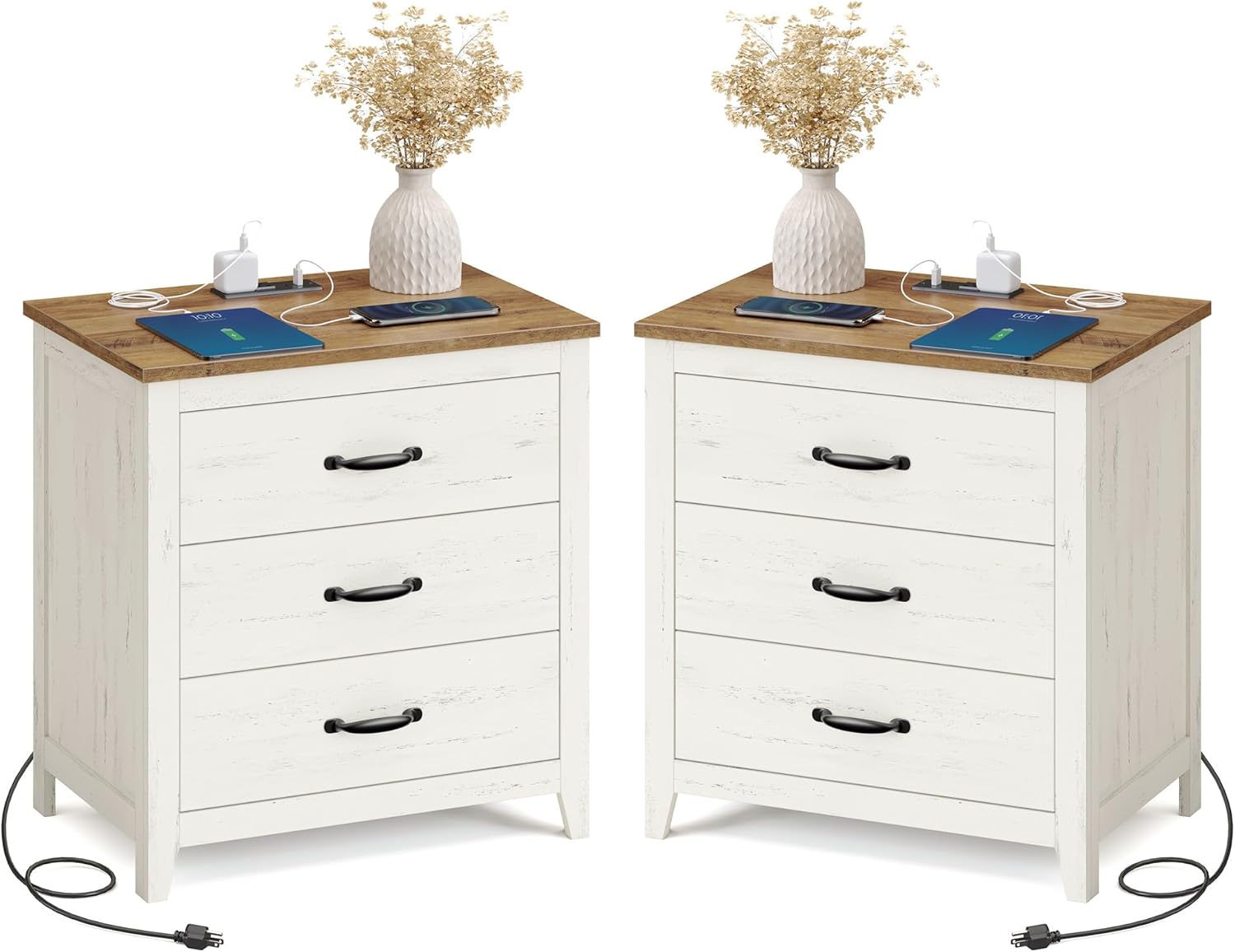 VASAGLE LIRY Collection - Farmhouse Nightstand with Charging Station, Set of 2, Bedside Tables, Side End Tables with 3 Drawers, for Bedroom, Rustic White and Honey Brown ULET979W01