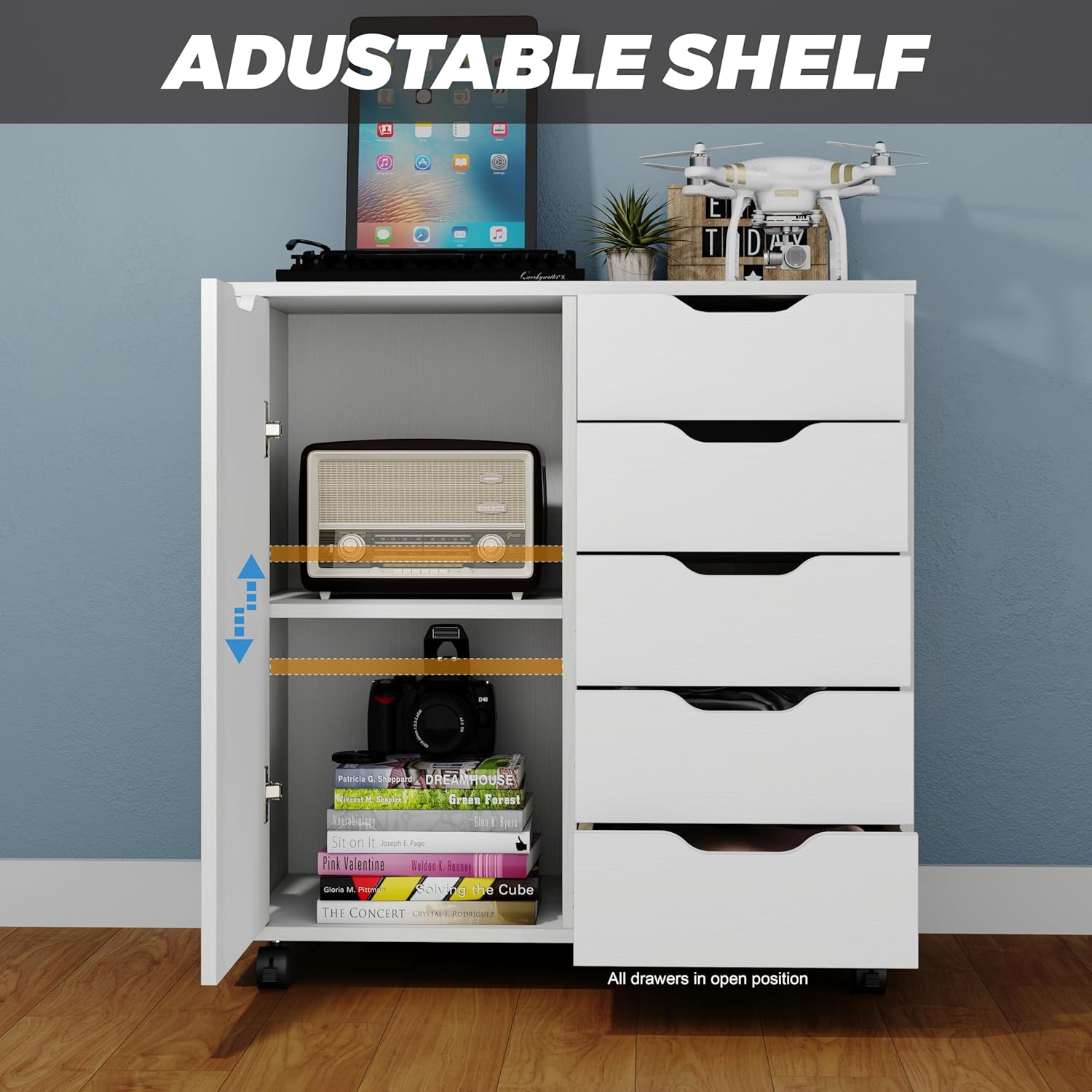 Panana 5-Drawer Chest with 1 Door, Wooden Chest of Drawers Storage Dresser Cabinet with Wheels, Office Organization and Storage, Bedroom Furniture (White-S)