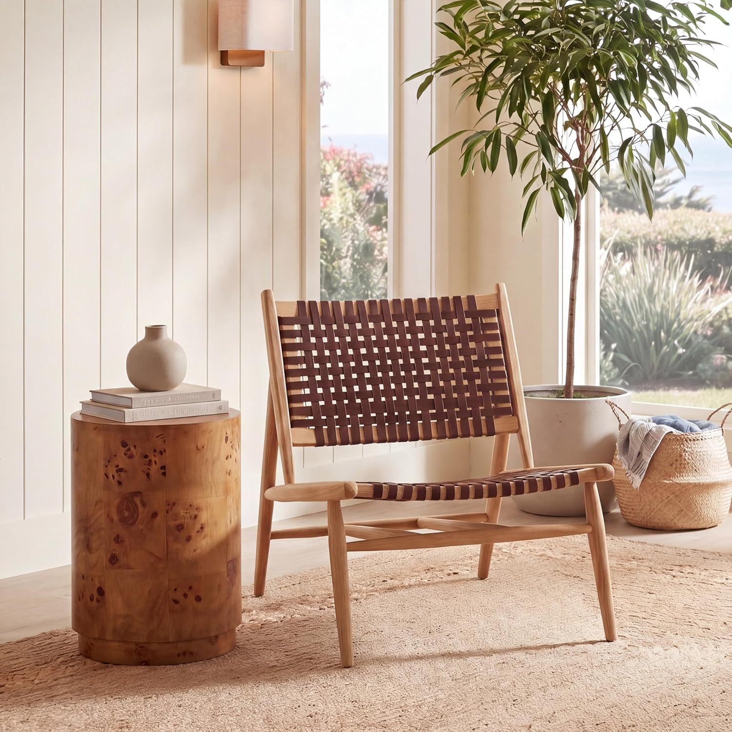 Safavieh Home Collection Soleil Natural and Cognac Leather Woven Accent Chair
