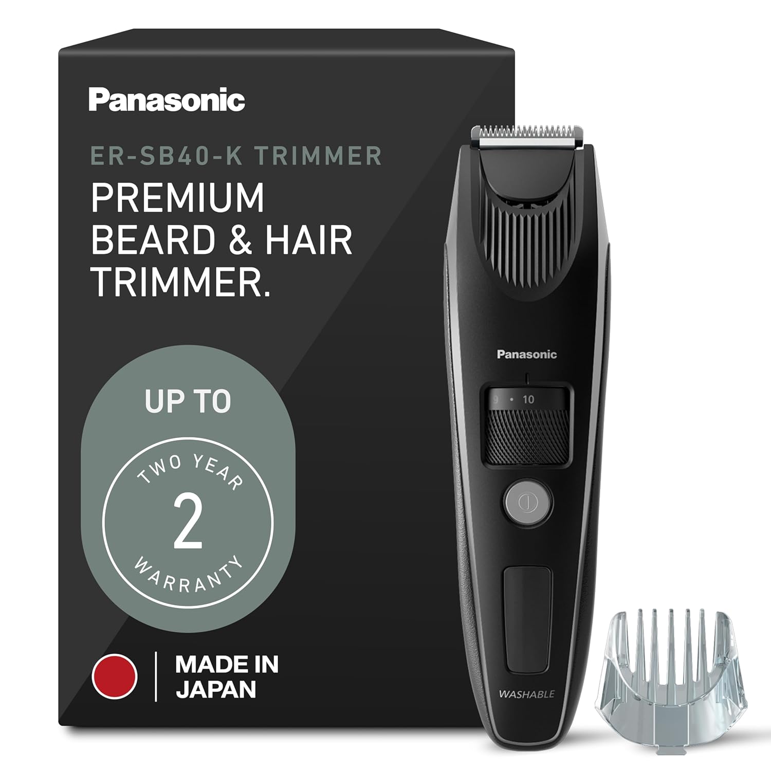 Panasonic Beard Trimmer for Men Cordless Precision Power, Hair Clipper with Comb Attachment and 19 Adjustable Settings, Washable, ER-SB40-K, 0.5-10mm lengths, 1 Pack