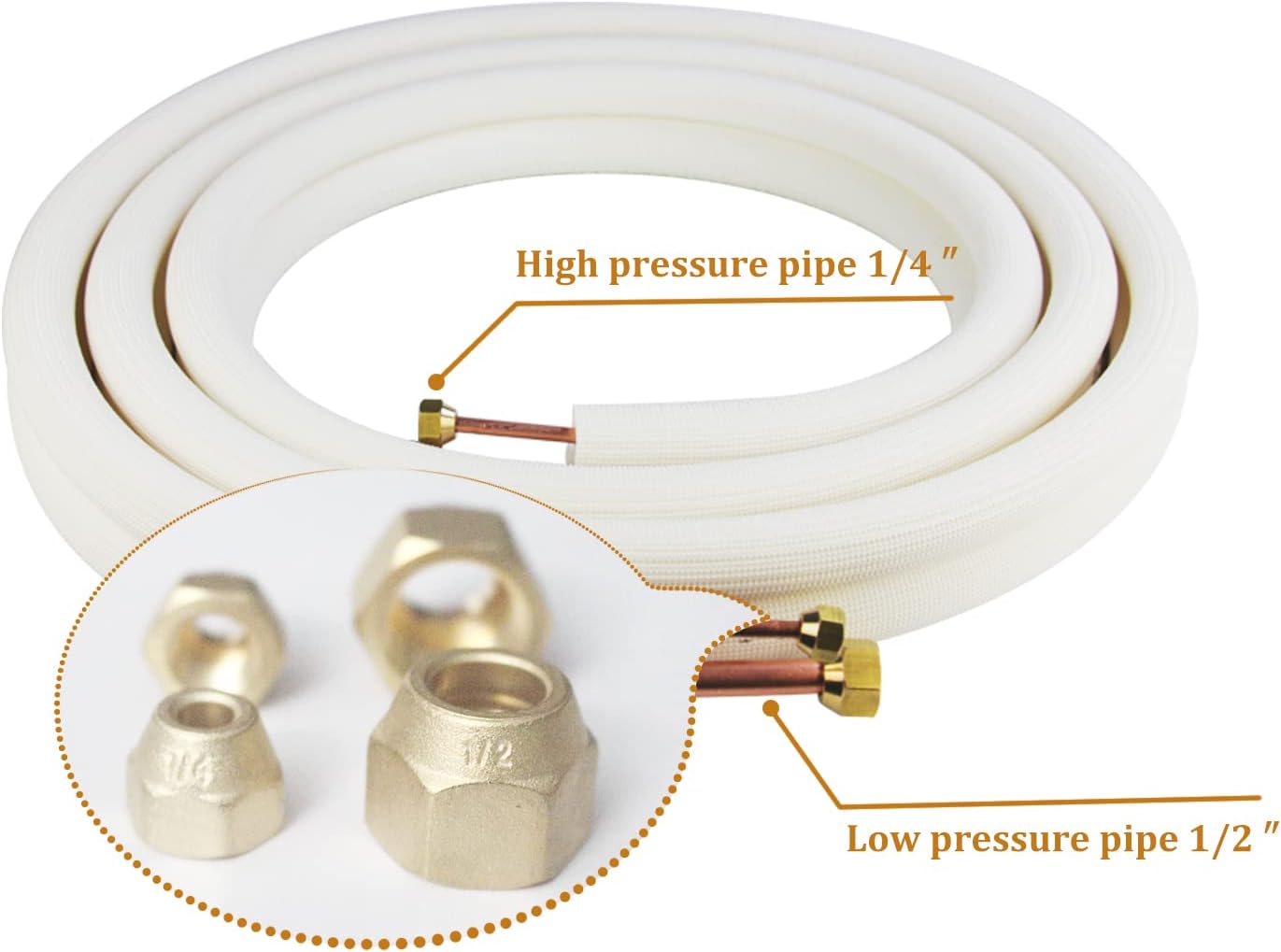 50 Ft Air Conditioning Copper Tubing Pipe Extension, 1/4" 1/2" 3/8" PE Thickened for Mini Split AC and Heating Equipment Insulated Coil Line HVAC Refrigerant with Nuts (1/4" & 1/2"* 3/8" PE WITH NUTS)