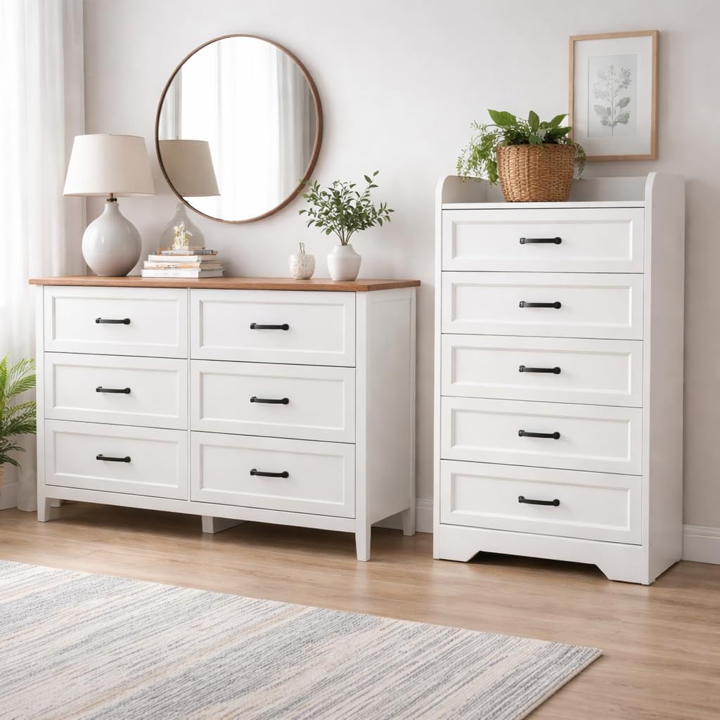 Gizoon 2-Piece Bedroom Furniture Set – Includes a 5 Drawer Dresser, a 6 Chest of Drawers,Modern Farmhouse Dresser Set, Ideal for Bedroom, Living Room