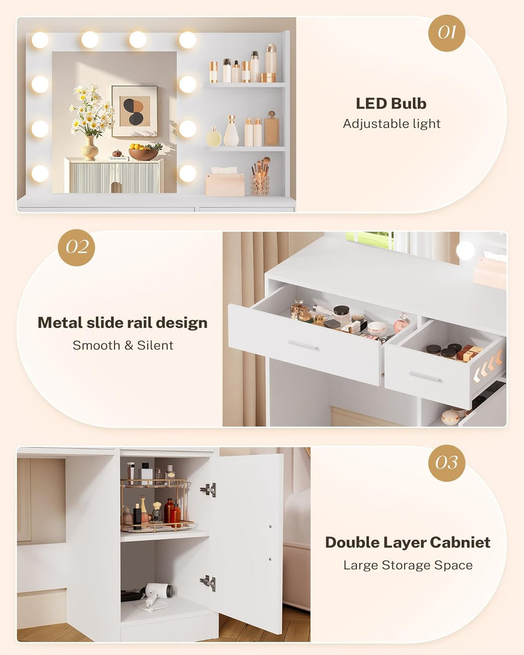 LIVELYGLOW White Makeup Vanity with 10 Hollywood Light Bulbs, 35.4" Wide Dressing Table with Large Mirror & Dimming Function, Small Space Vanity Desk with 2 Drawers, Storage Cabinet & Shelves
