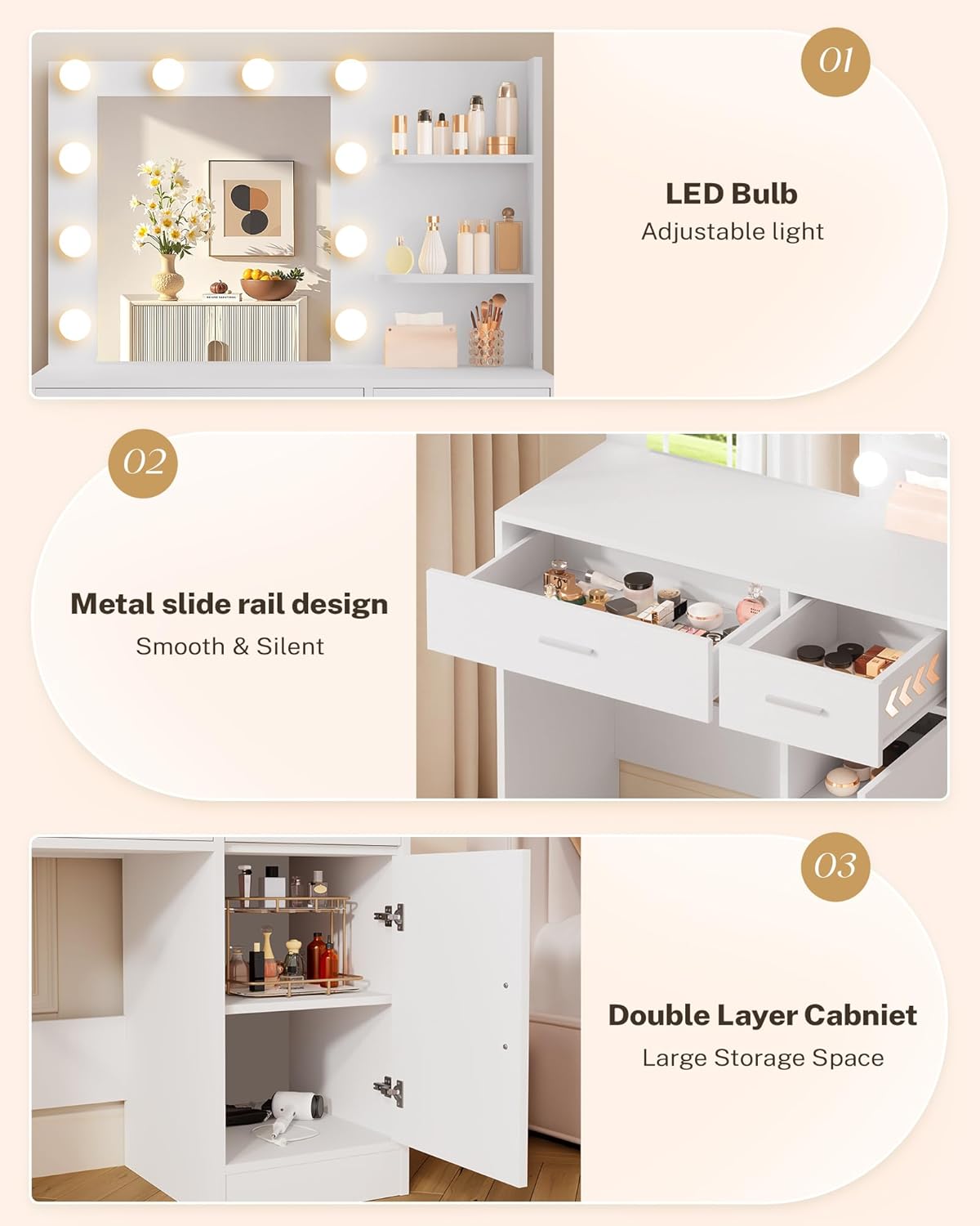 LIVELYGLOW White Makeup Vanity with 10 Hollywood Light Bulbs, 35.4" Wide Dressing Table with Large Mirror & Dimming Function, Small Space Vanity Desk with 2 Drawers, Storage Cabinet & Shelves