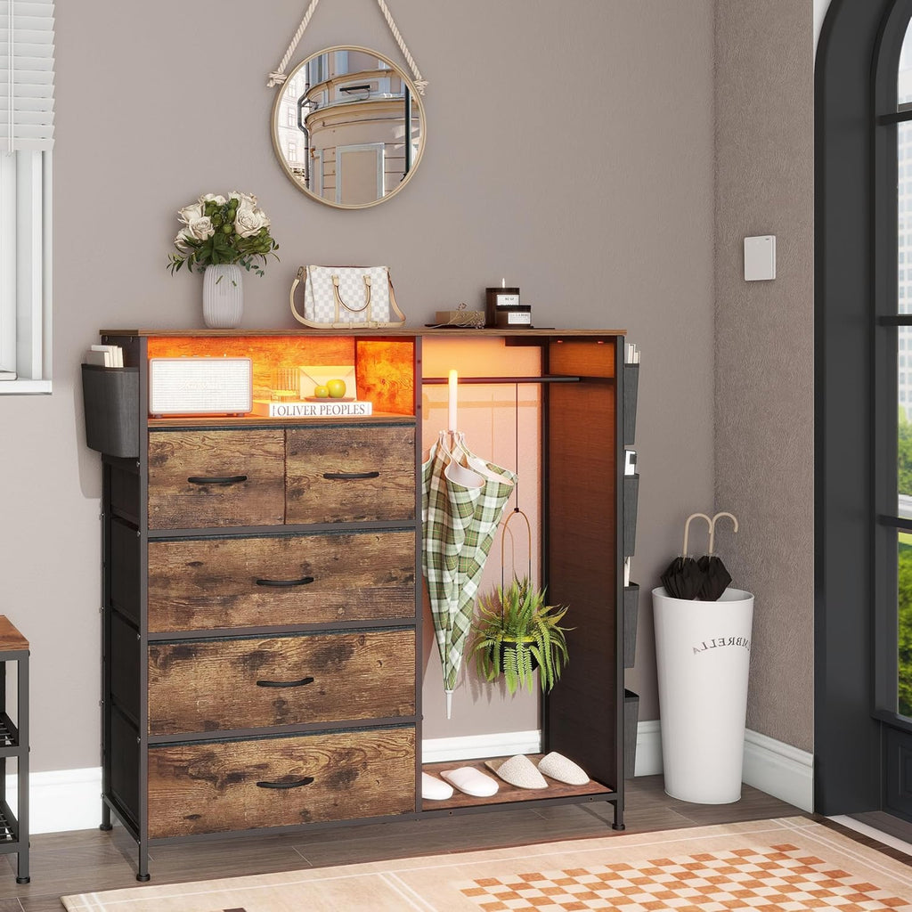 Espelism Dresser for Bedroom with Clothes Rack Side Pockets 5 Drawer Dresser with Charging Station LED Lights Black Storage Chest of Drawers for Hallway Closet Sturdy Steel Frame Wood Top (Brown)