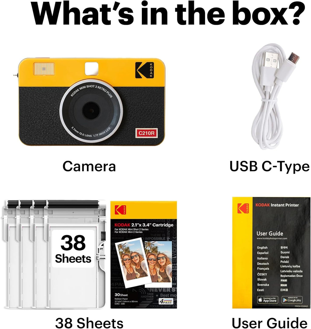 KODAK Mini Shot 2 Retro 2x3” Instant Digital Camera & Photo Printer, 38 Sheets, 2-in-1 Portable Print Camera, Bluetooth Smartphone Printer for iOS & Android, 4PASS Dye Sublimation, White