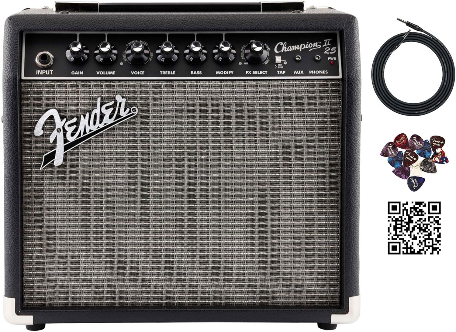 Fender Champion II 25-Watt Guitar Combo Amplifier Bundle with Instrument Cable, Picks, and Austin Bazaar Instructional Video