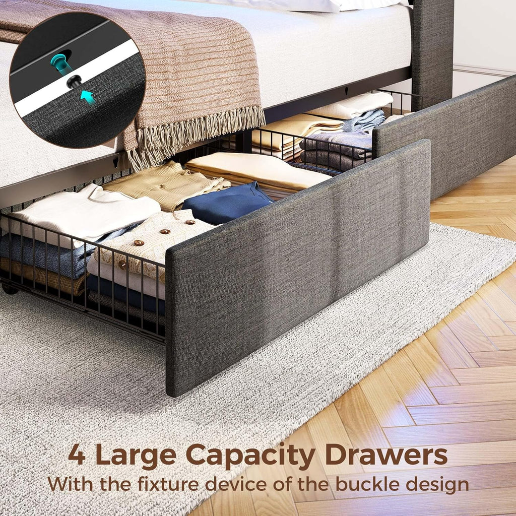 Rolanstar Twin Size Bed Frame with LED Lights and Charging Station, Upholstered Bed Storage Headboard & Drawers, Heavy Duty Wood Slats, Easy Assembly