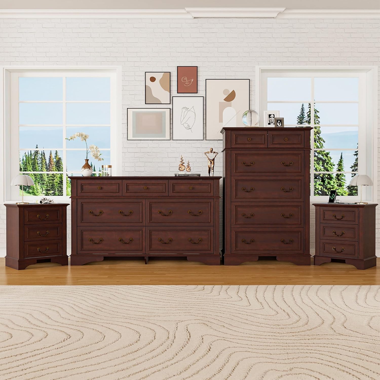 Farmhouse Dresser and Nightstand Sets, 6-Drawer with 7 Drawer Dresser & 3 Drawer Nightstand Sets, 4 Pieces Rustic Wood Bedroom Furniture Set for Home, Bedroom, Hallway(Dark Brown)