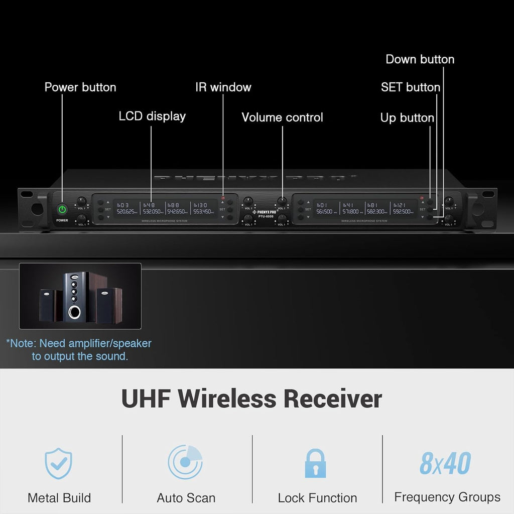 Phenyx Pro Wireless Microphone System, 8-Channel Wireless Mic, w/ 8 Handheld Dynamic Microphones, Auto Scan,8x40 UHF Frequencies, 328ft Range, Mics for Singing,Church, Karaoke(PTU-6000-8H)