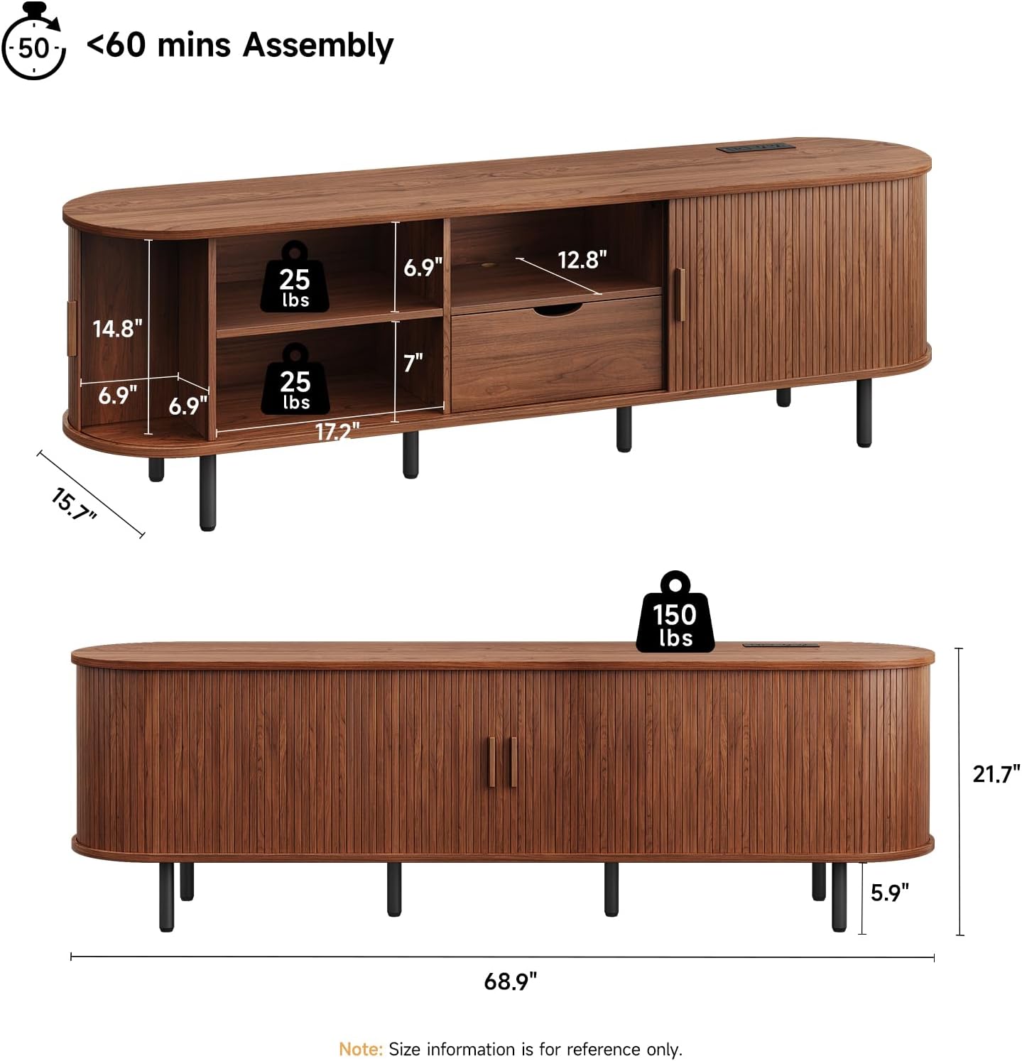 ONBRILL 69" TV Stand with Power Outlet for TVs up to 80", Entertainment Center with Storage and Drawer, TV Console with Adjustable Shelves and Sliding Door, TV Stand for Living Room, Bedroom, Walnut