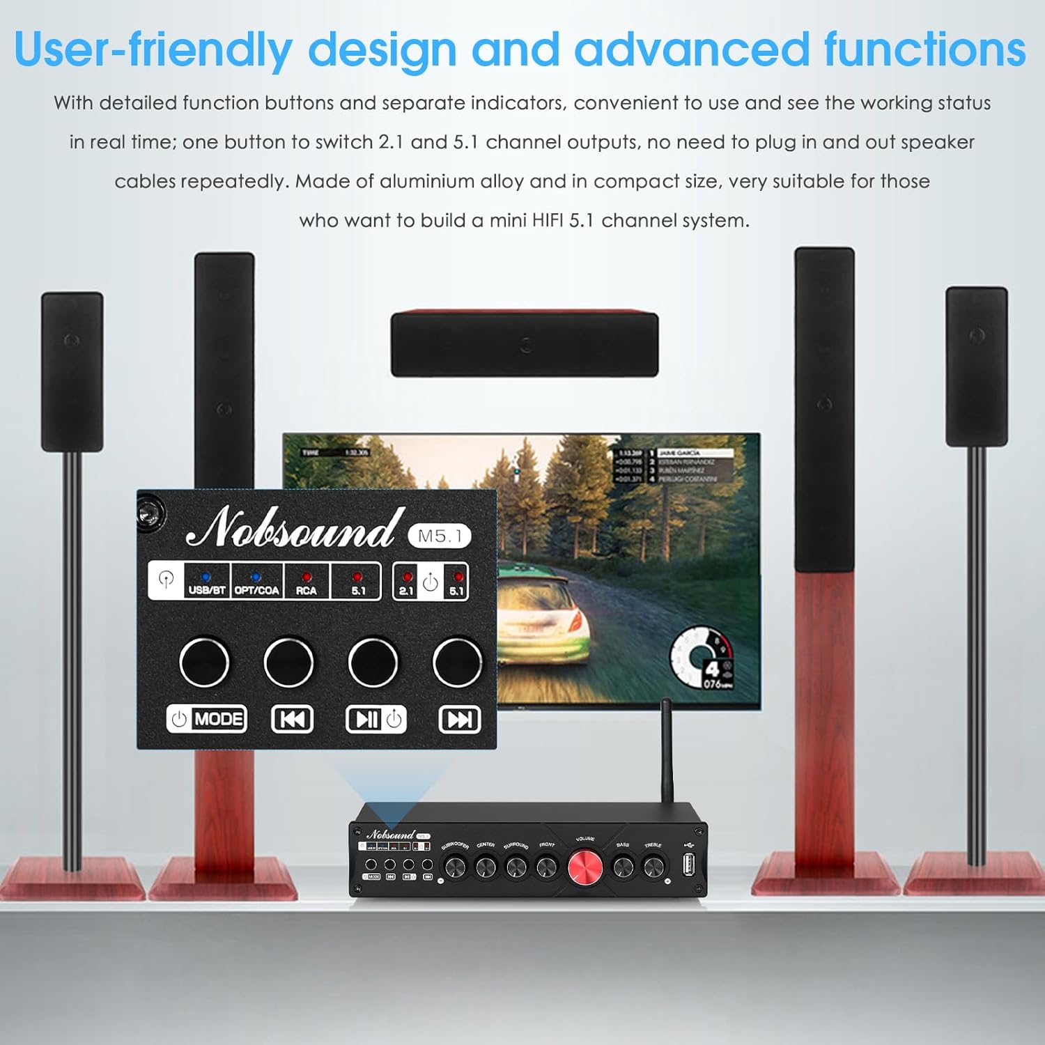 Nobsound HiFi 5.1 Channel Bluetooth Amplifier Stereo Home Theater Power Amp Subwoofer Amp