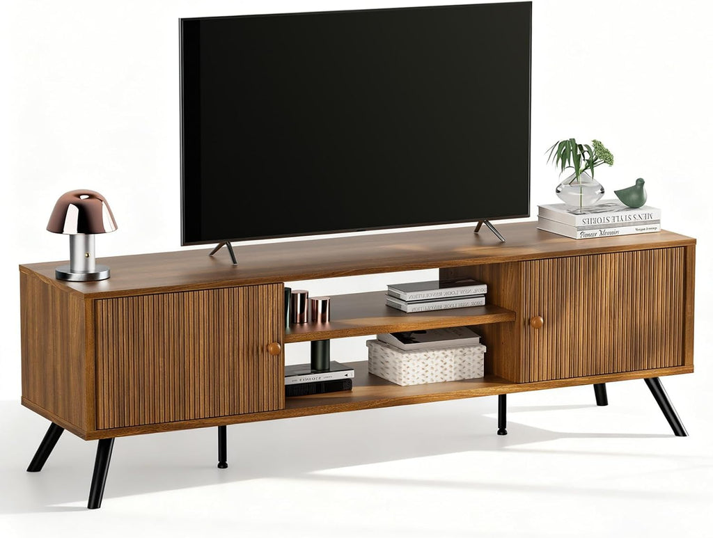 COMHOMA TV Stand for Living Room, Mid Century Modern Entertainment Center for 55/60/65 Inch TVs, Retro Brown TV Console with Fluted Door Cabinets and Open Adjustable Shelve Storage for Bedroom