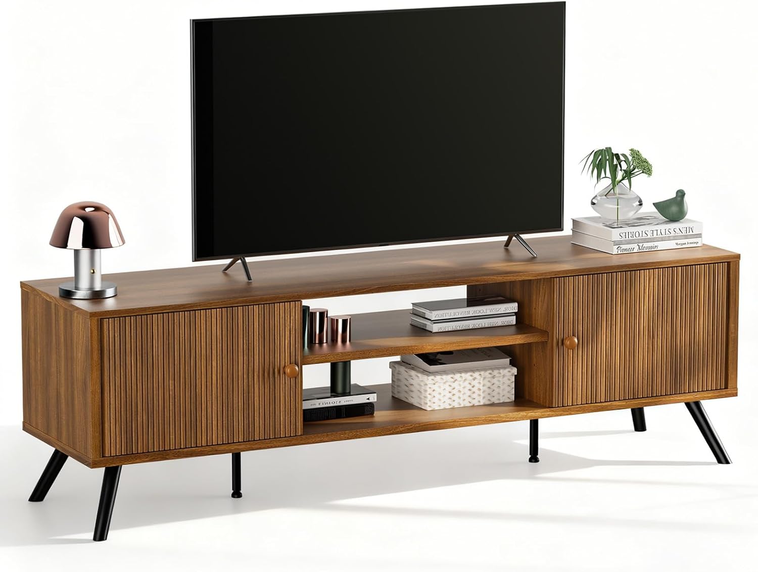 COMHOMA TV Stand for Living Room, Mid Century Modern Entertainment Center for 55/60/65 Inch TVs, Retro Brown TV Console with Fluted Door Cabinets and Open Adjustable Shelve Storage for Bedroom