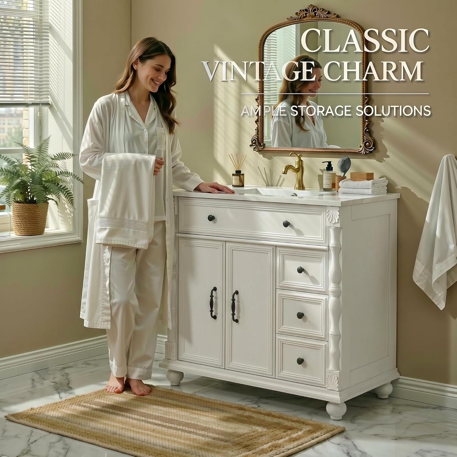 ONBRILL Bathroom Vanity with Sink Combo, Modern Bathroom Vanities with Adjustable Shelf, 4 Solid Legs, 2 Drawers, 2 Doors, Ceramic Integrated Sink, Freestanding Bath Storage Cabinet (32", White)