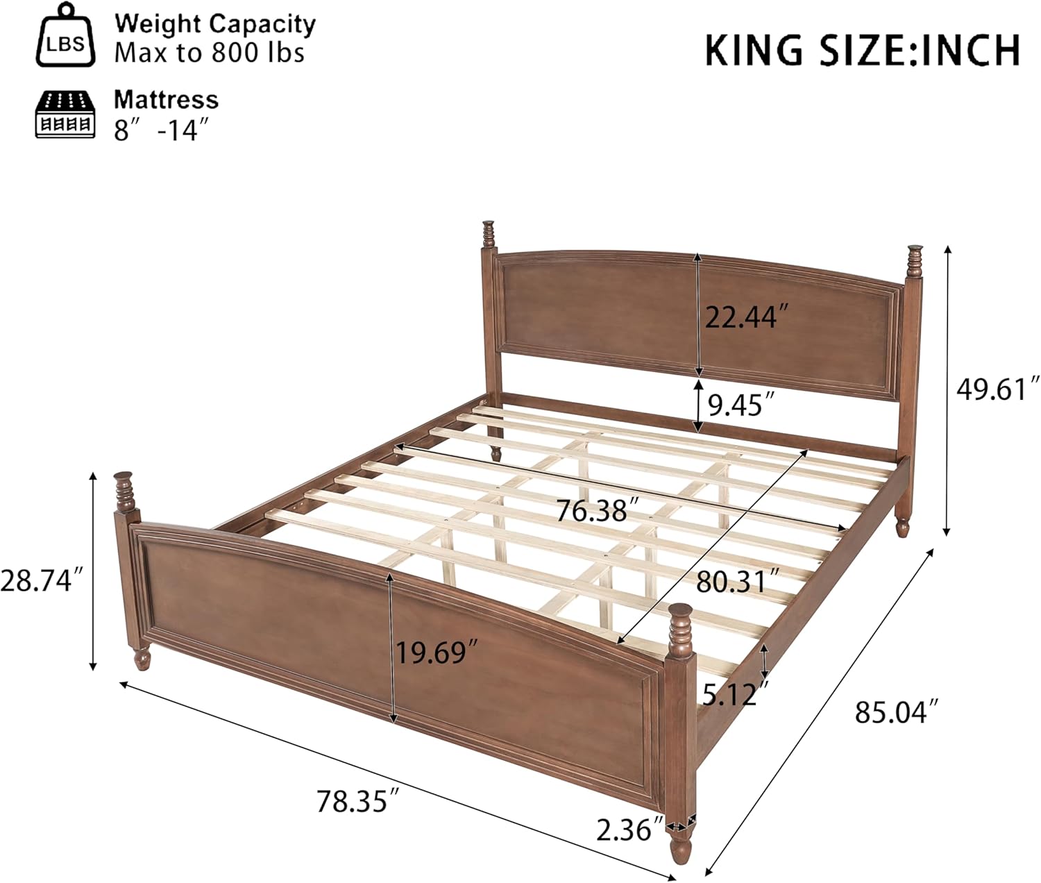 Christopher Knight Home King Bed Frame with Curved Headboard & Footboard, Solid Pine Wood Platform Bed Frame King Size, Mid Century Modern Bedframe with Wood Slat Support, No Box Spring Needed, Walnut