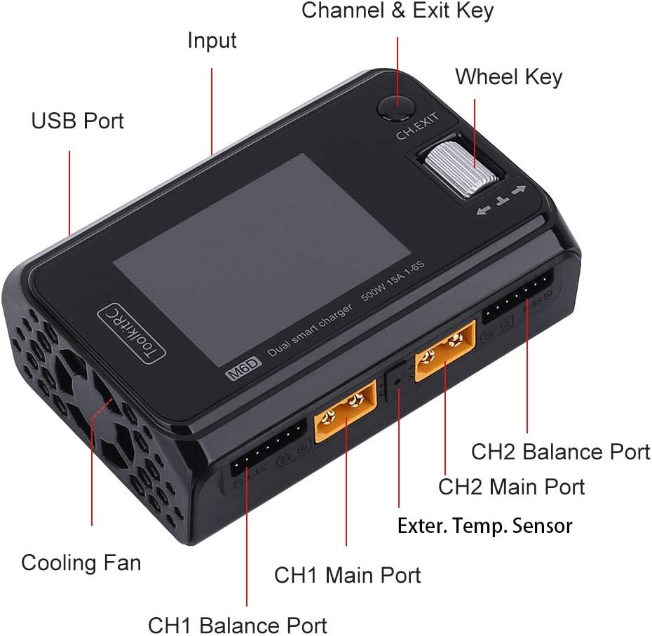 ToolkitRC M6D 15A x 2 DC Dual-Channel Output 1-6s Charger Discharger and ADP100 100w 20v 5A Power Supply Unit Set Sell, Black