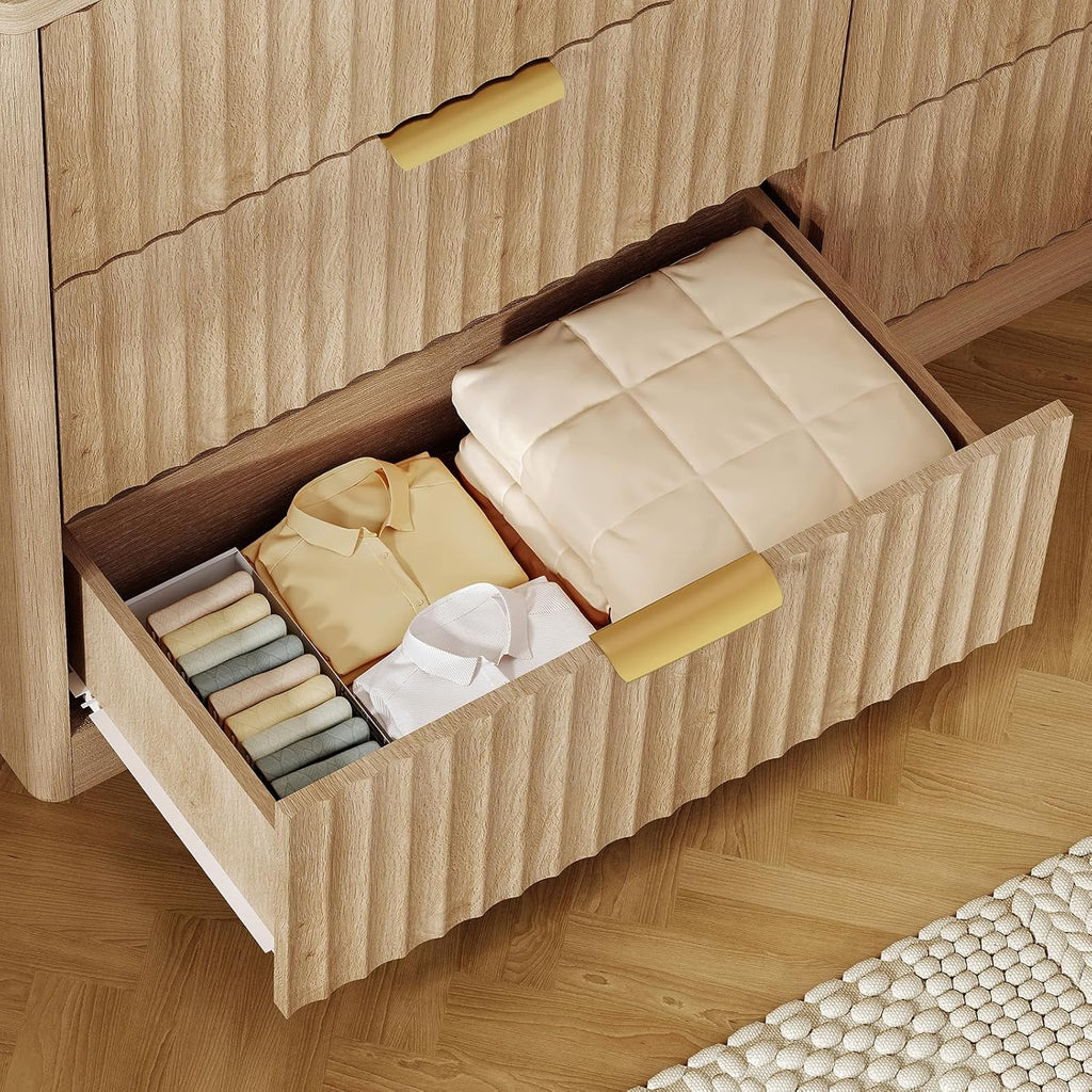 TEENFON Fluted 6 Drawer Dresser for Bedroom, Wide Modern Chest of Drawers with Metal Handle, Curved Profile Design, Wood Closet Clothes Storage Organizer for Bedroom, Hallway, Natural