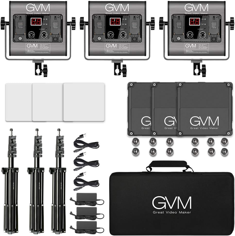 GVM 3 Pack LED Video Lighting Kits, Bi-Color Variable 2300K~6800K with Digital Display, 10~100% Brightness, CRI97+ TLCI97 Led Video Light Panel, Barndoor, App Control
