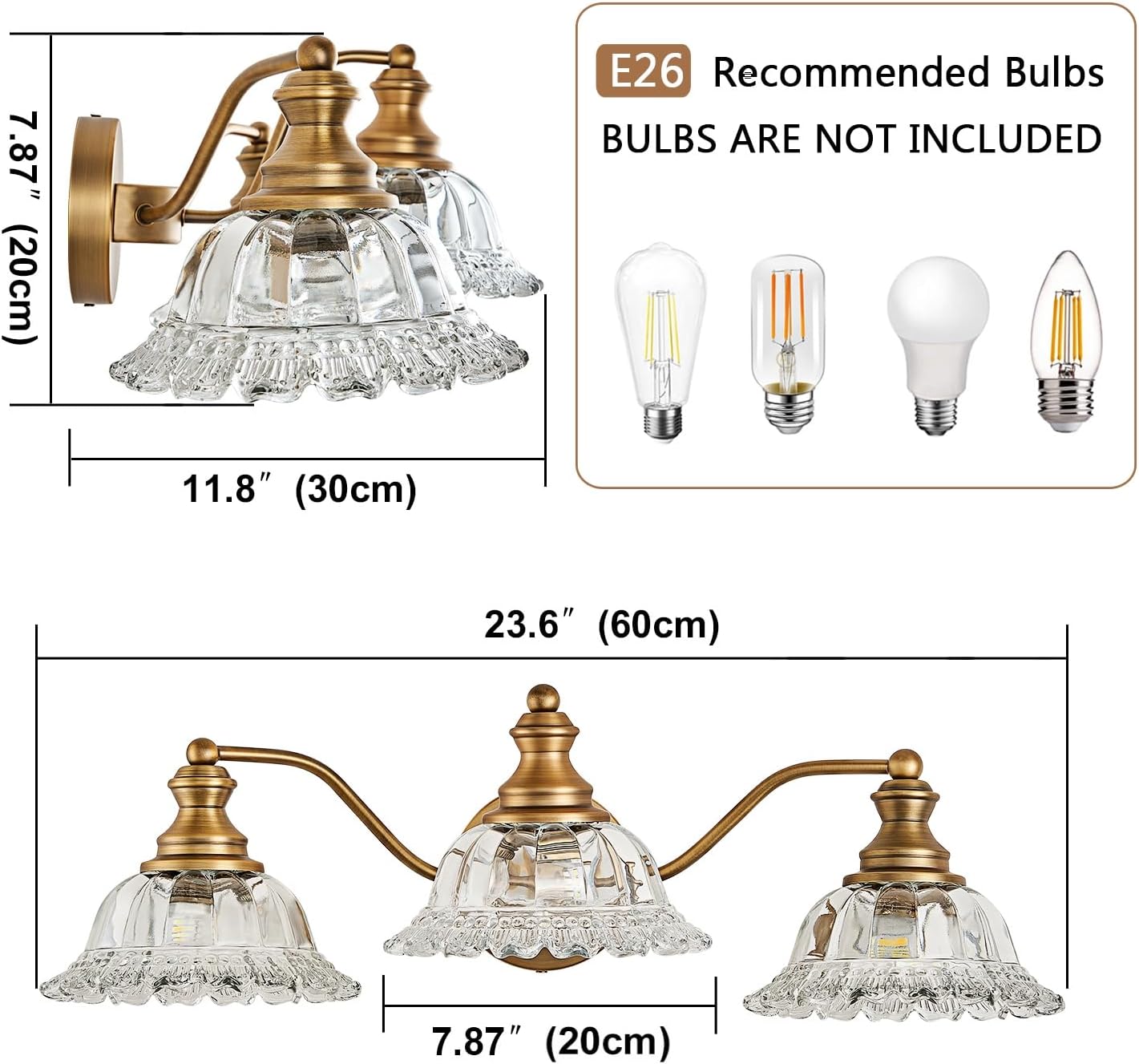 XIEDUN Vintage Bathroom Vanity Light Fixture 3 Lights Vanity Lighting Matte Antique Brass Vanity Light for Bathroom