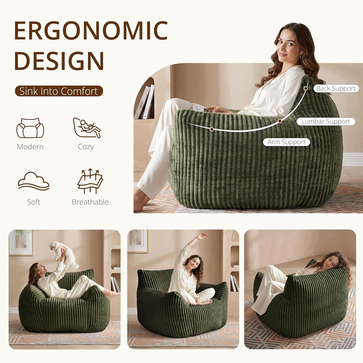Bean Bag Chair with Armrests, Comfy Corduroy Beanbag Sofa for Adults, Stuffed Floor Accent Chair for Living Room, Bedroom, Green, Single