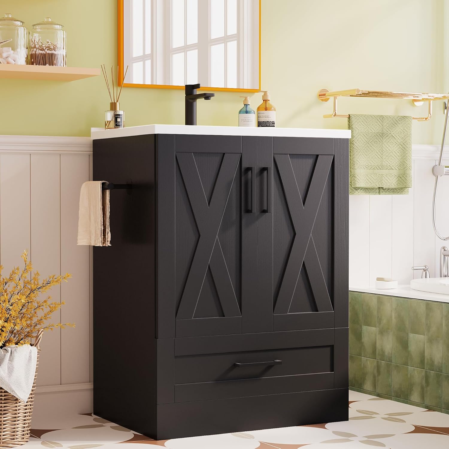 JUMMICO 24" Bathroom Vanity with Sink, Bathroom Storage Vanity Sink Cabinet with 2 Doors ＆ 1 Drawer Space, Farmhouse Wooden Free Standing Bathroom Cabinet with Sink Combo, Easy Assembly (Black)