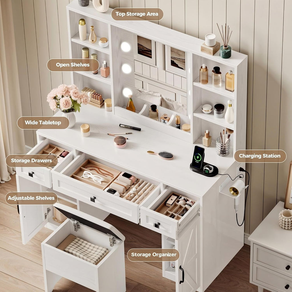 IRONCK White Vanity Desk with Mirror & Lights, Farmhouse Makeup Vanity Table with Adjustable 3 LED Modes, Charging Station, 3 Drawers & Storage Shelves, Stool Included