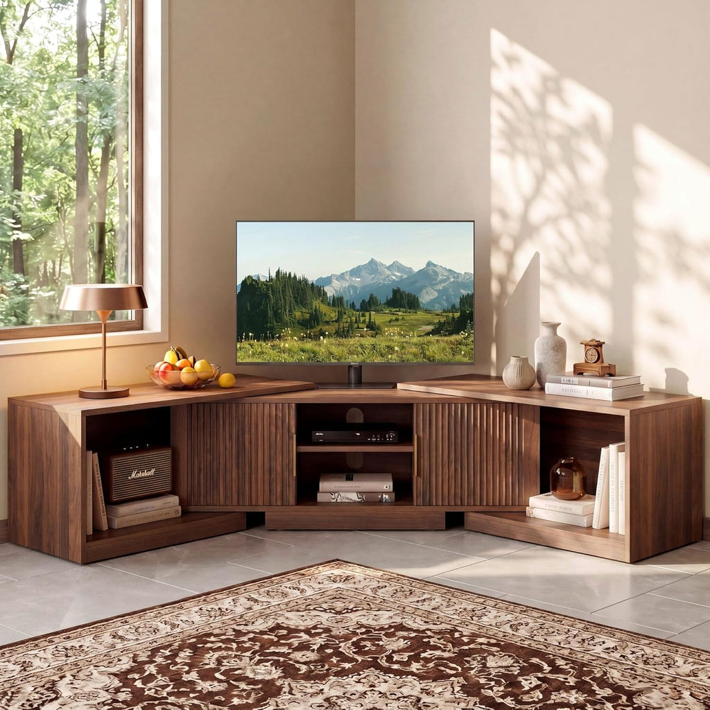 IRONCK TV Stand for 55-80 Inches TVs, 63"-84.6" Adjustable Length, Extendable Corner Entertainment Center with Storage Cabinets, Fluted Doors Modern Media Console, Ideal for Living Room, Walnut