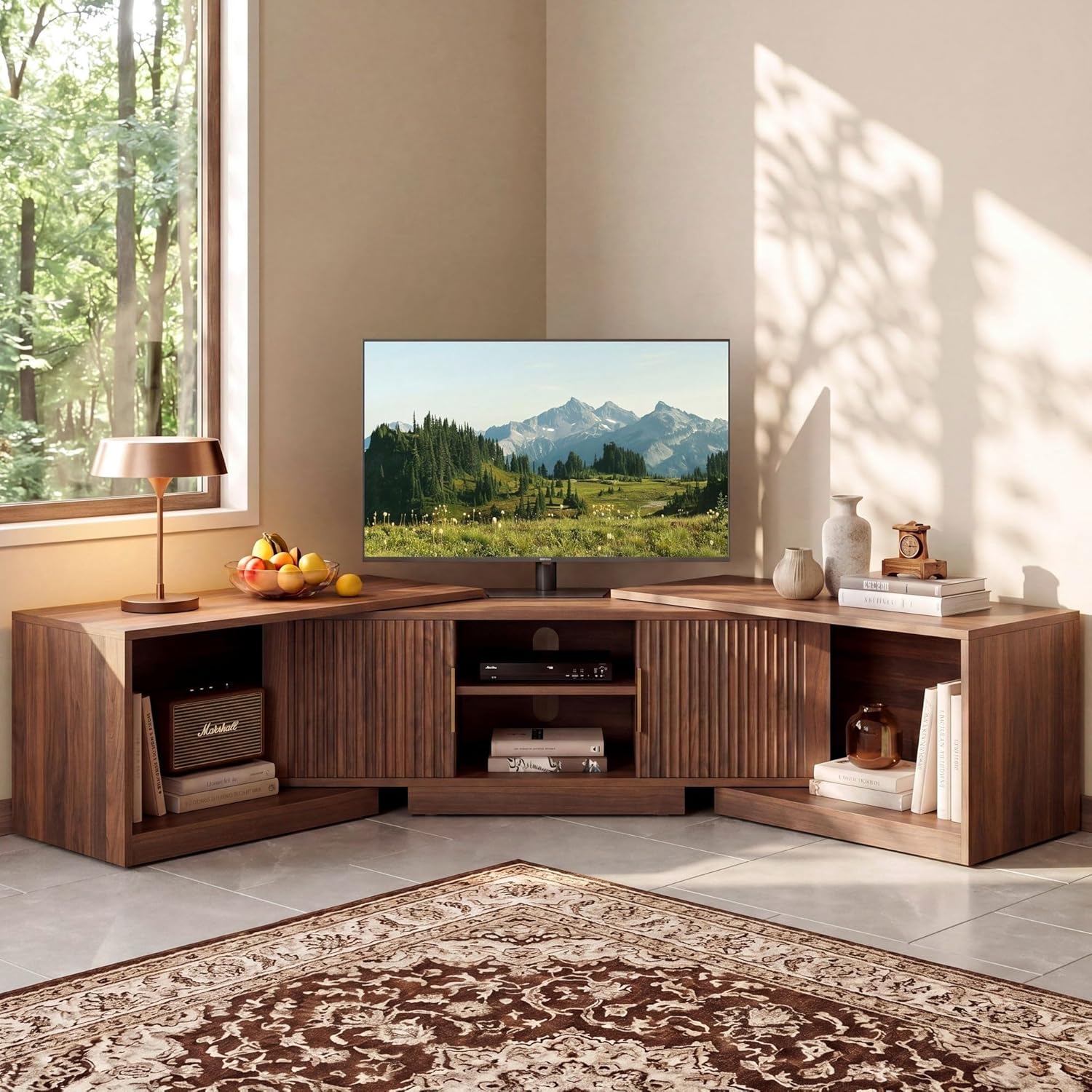 IRONCK TV Stand for 55-80 Inches TVs, 63"-84.6" Adjustable Length, Extendable Corner Entertainment Center with Storage Cabinets, Fluted Doors Modern Media Console, Ideal for Living Room, Walnut